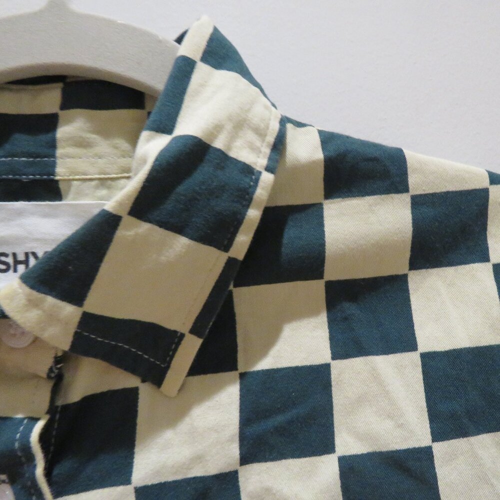 DUSHYANT Hand Printed 'The Cami' Crop Shirt in Green & White Chessboard Mod XS - Picture 5 of 13